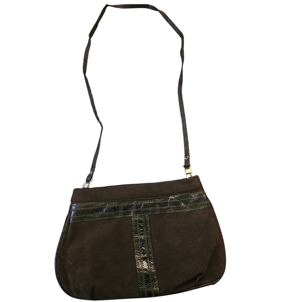 Vintage Brown Suede Shoulder Bag With Metallic Snake Skin Accent Strap & Detaili